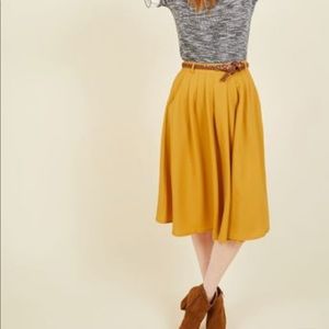 Mustard button down flared midi skirt